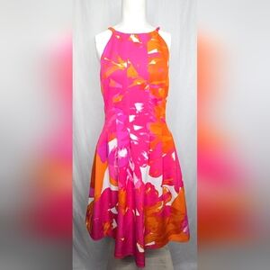 Vince Camuto Pink & Orange Abstract Floral Fit & Flare Dress NWOT Size 14